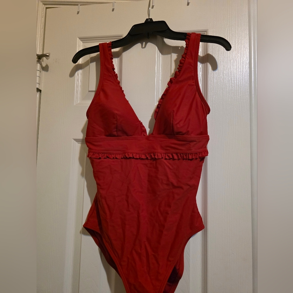 Tommy Hilfiger Red One Piece with Textured V-Neck Design
